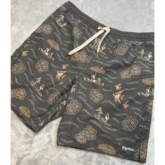 Rhythm Board Shorts Mens 34 Gray Surfer Beach Floral Tropical Drawstring Pull On - Picture 1 of 8